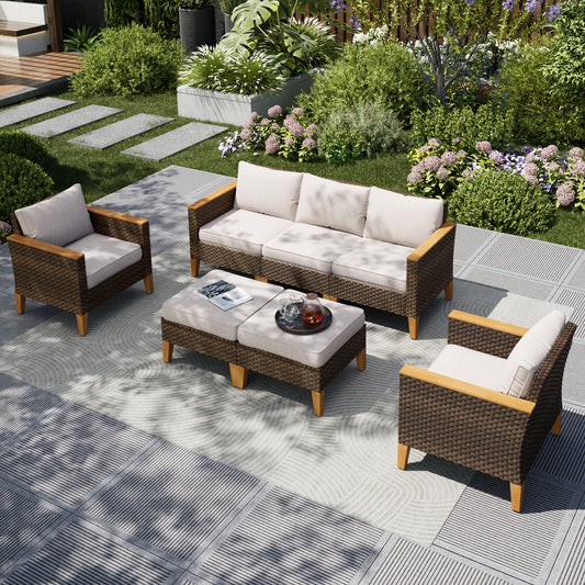 Captiva Designs 7pc Wicker Outdoor Patio Rattan Sectional Conversation Set with Cushioned Ottoman