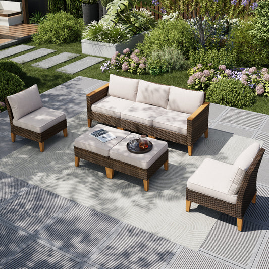 Captiva Designs 7pc Wicker Outdoor Patio Rattan Sectional Conversation Set with Armless Chairs