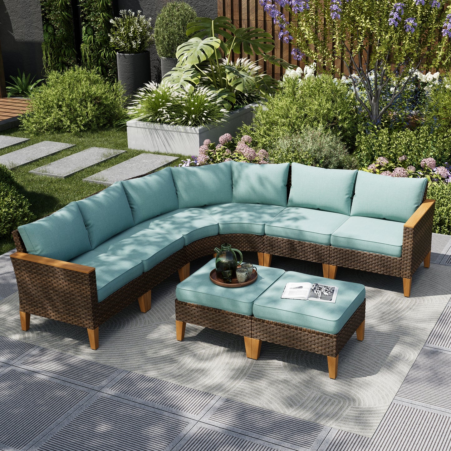 Captiva Designs 8pc Outdoor Wicker Rattan Patio Half-Moon Curved Sectional Sofa Set with Cushioned Ottoman