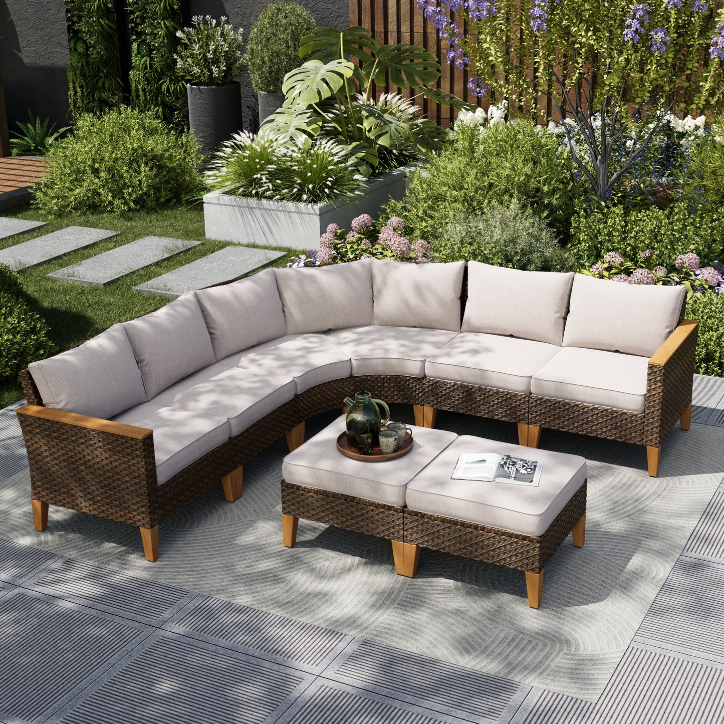 Captiva Designs 8pc Outdoor Wicker Rattan Patio Half-Moon Curved Sectional Sofa Set with Cushioned Ottoman