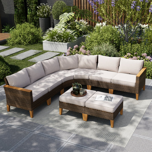 Captiva Designs 8pc Outdoor Wicker Rattan Patio Half-Moon Curved Sectional Sofa Set with Cushioned Ottoman