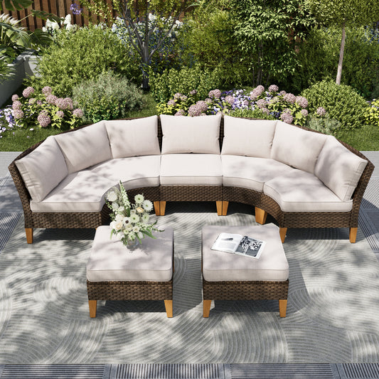 Captiva Designs 7pc Outdoor Wicker Rattan Patio Half-Moon Curved Sectional Sofa Set with Cushioned Ottoman