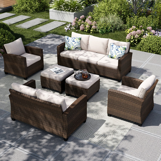 Captiva Designs 6pc Outdoor Patio Wicker Conversation Set with Cushioned Loveseat for Garden Poolside Backyard