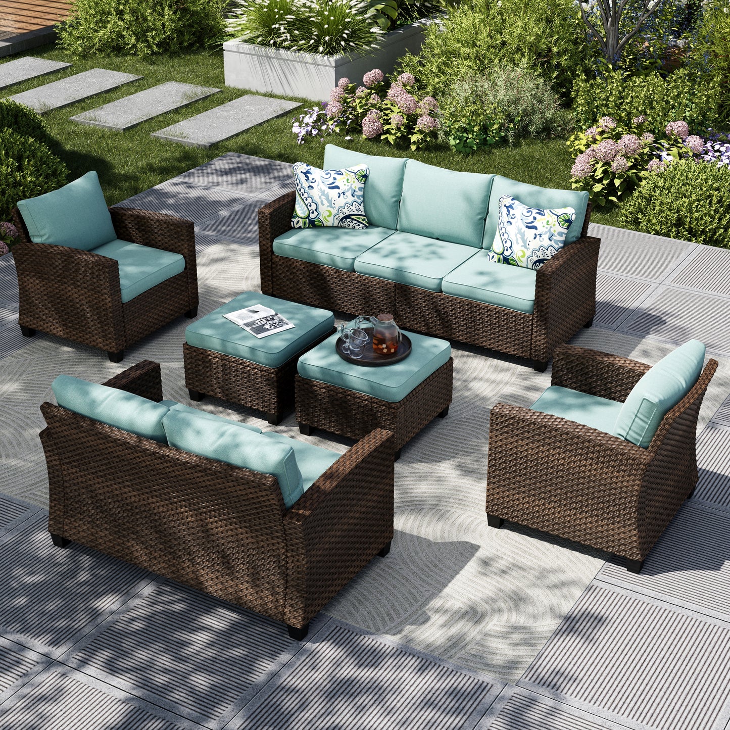 Captiva Designs 6pc Outdoor Patio Wicker Conversation Set with Cushioned Loveseat for Garden Poolside Backyard