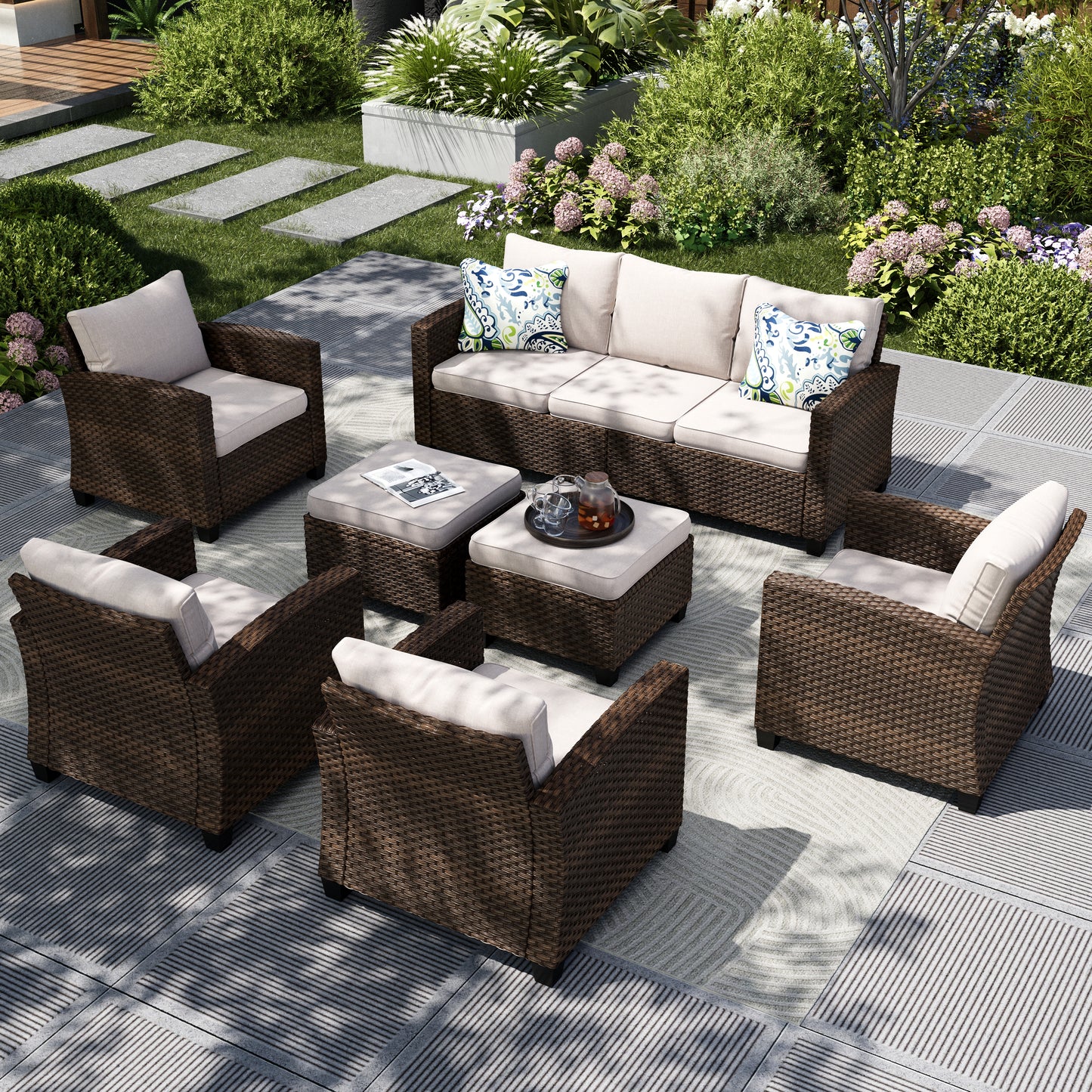 Captiva Designs 7pc Outdoor Patio Wicker Conversation Set with 4Cushioned Single Sofas for Garden Poolside Backyard