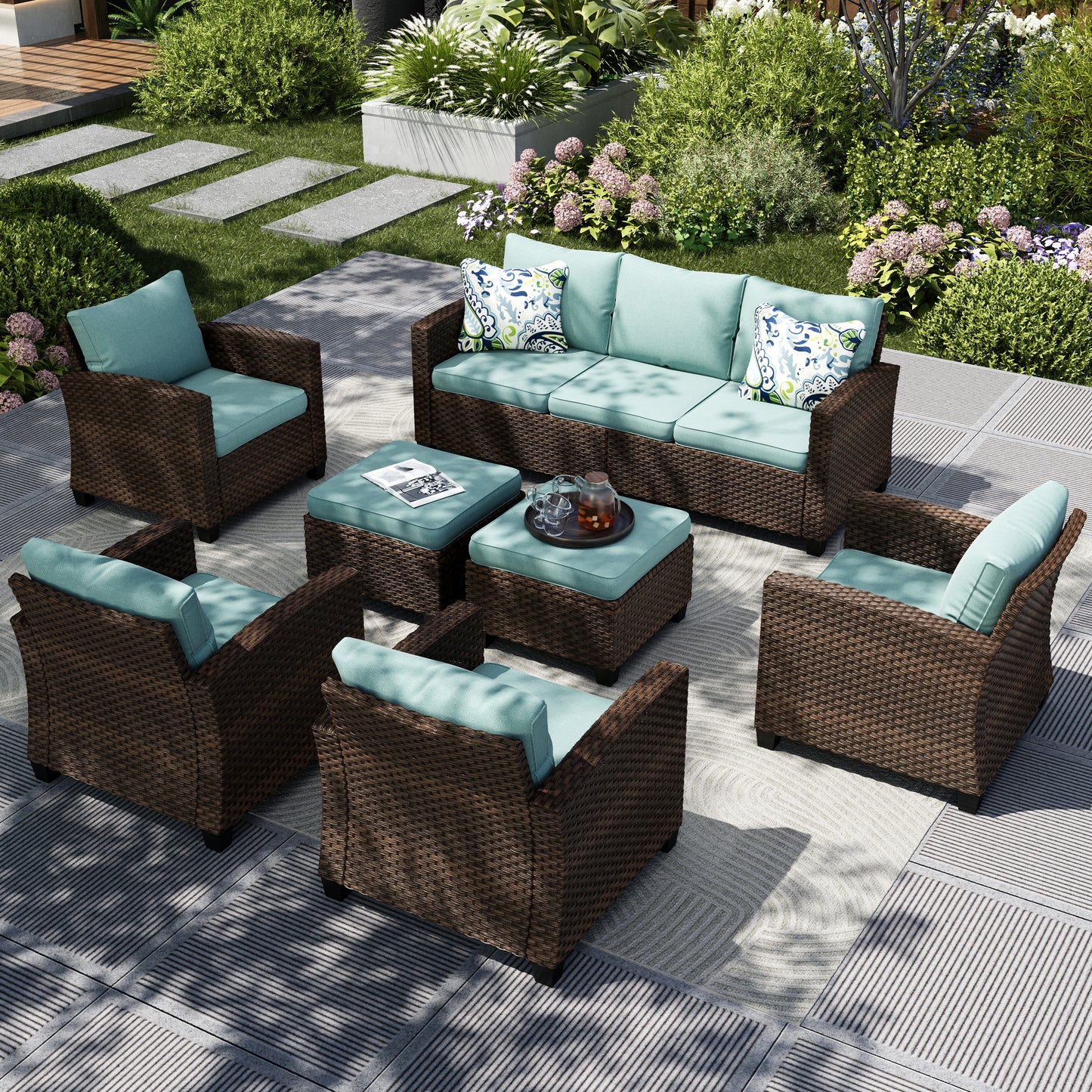 Captiva Designs 7pc Outdoor Patio Wicker Conversation Set with 4Cushioned Single Sofas for Garden Poolside Backyard