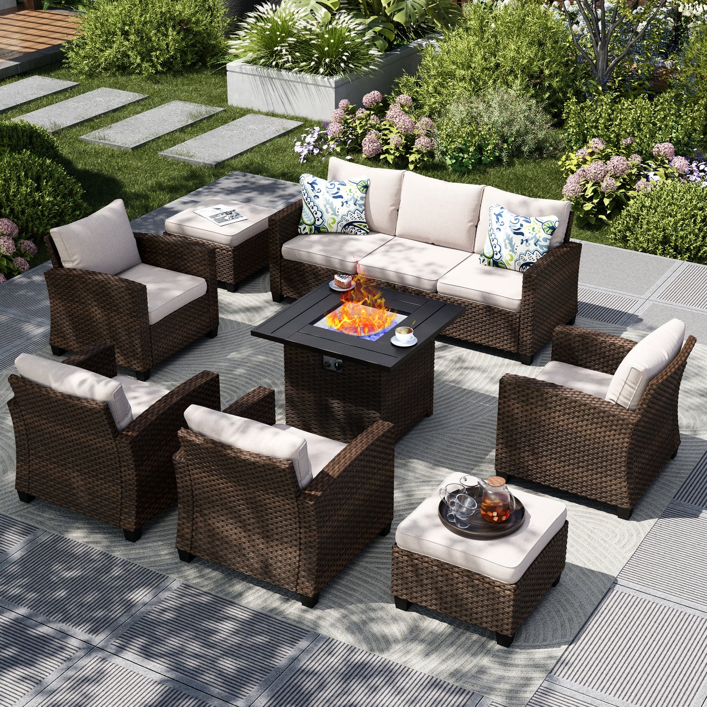 Captiva Designs 8pc Outdoor Patio Wicker Rattan Cushioned Fire Pit Set with Ottomans and Single Sofas