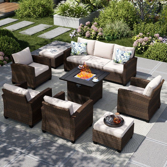 Captiva Designs 8pc Outdoor Patio Wicker Rattan Cushioned Fire Pit Set with Ottomans and Single Sofas