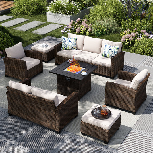 Captiva Designs 7pc Outdoor Patio Wicker Rattan Cushioned Fire Pit Set with Ottomans and Loveseat