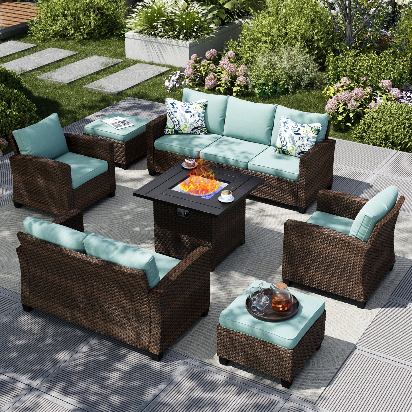 Captiva Designs 7pc Outdoor Patio Wicker Rattan Cushioned Fire Pit Set with Ottomans and Loveseat
