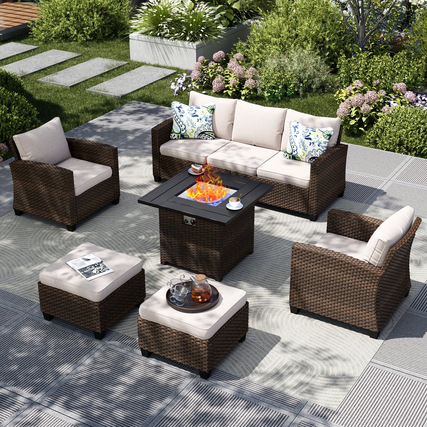 Captiva Designs 6pc Outdoor Patio Wicker Rattan Cushioned Fire Pit Set with Ottomans and Single Sofas