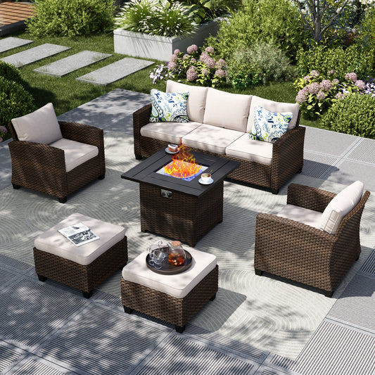 Captiva Designs 6pc Outdoor Patio Wicker Rattan Cushioned Fire Pit Set with Ottomans and Single Sofas