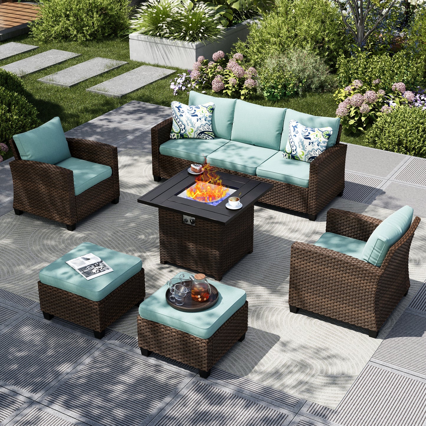 Captiva Designs 6pc Outdoor Patio Wicker Rattan Cushioned Fire Pit Set with Ottomans and Single Sofas