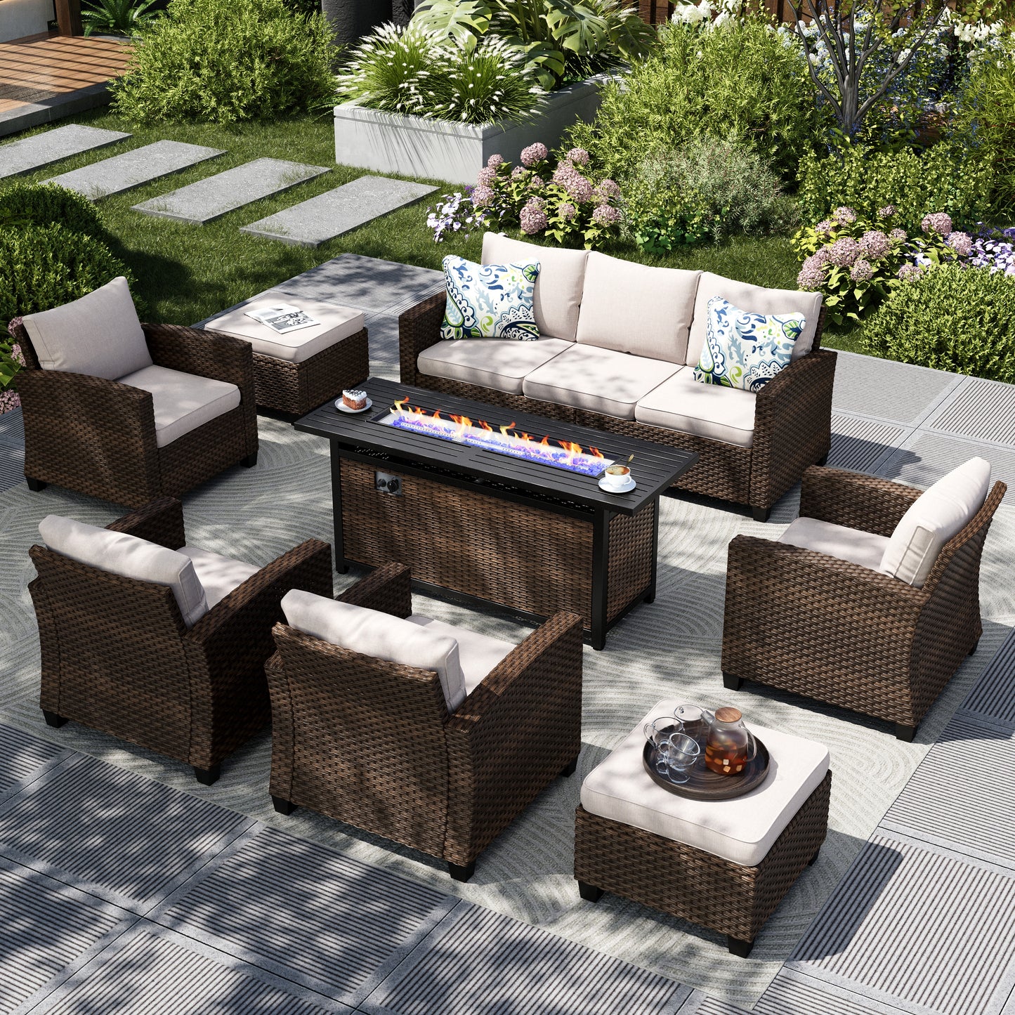 Captiva Designs 8pc Outdoor Patio Wicker Rattan Cushioned Fire Pit Set with Ottomans and Single Sofas