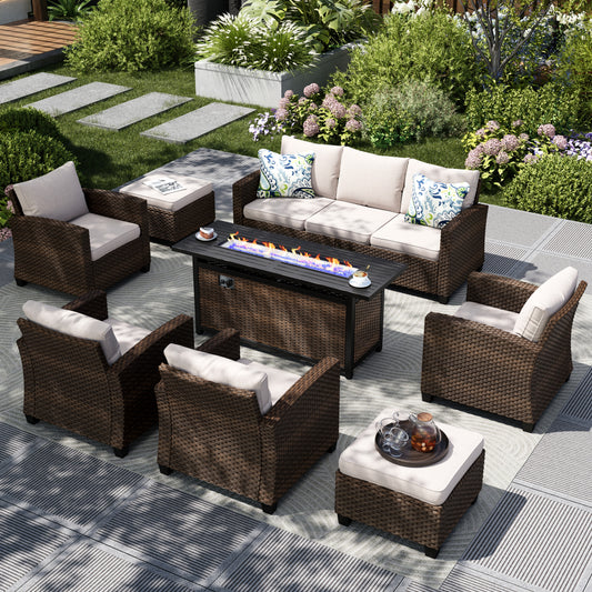 Captiva Designs 8pc Outdoor Patio Wicker Rattan Cushioned Fire Pit Set with Ottomans and Single Sofas