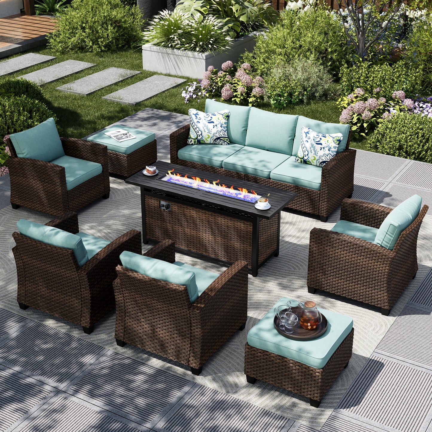 Captiva Designs 8pc Outdoor Patio Wicker Rattan Cushioned Fire Pit Set with Ottomans and Single Sofas