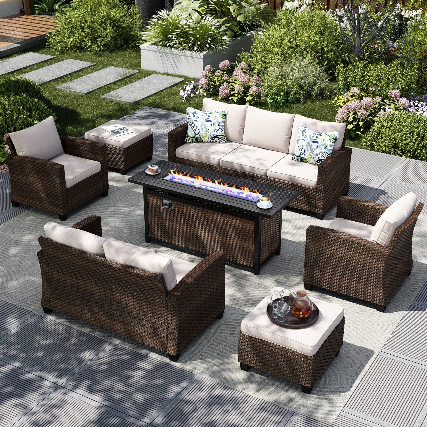 Captiva Designs 7pc Outdoor Patio Wicker Rattan Cushioned Fire Pit Set with Ottomans and Loveseat