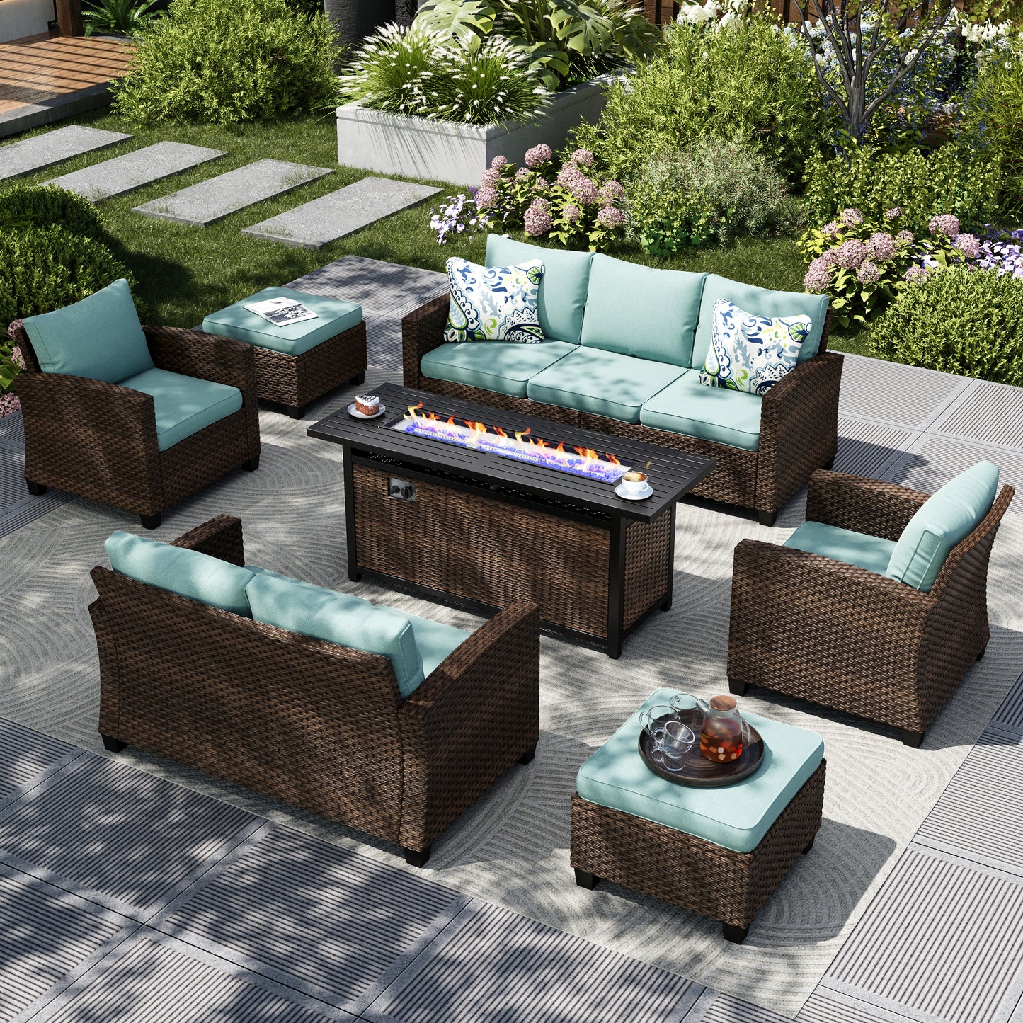Captiva Designs 7pc Outdoor Patio Wicker Rattan Cushioned Fire Pit Set with Ottomans and Loveseat