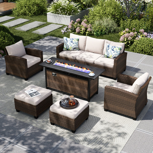 Captiva Designs 6pc Outdoor Patio Wicker Rattan Cushioned Fire Pit Set with Ottomans and Armchairs