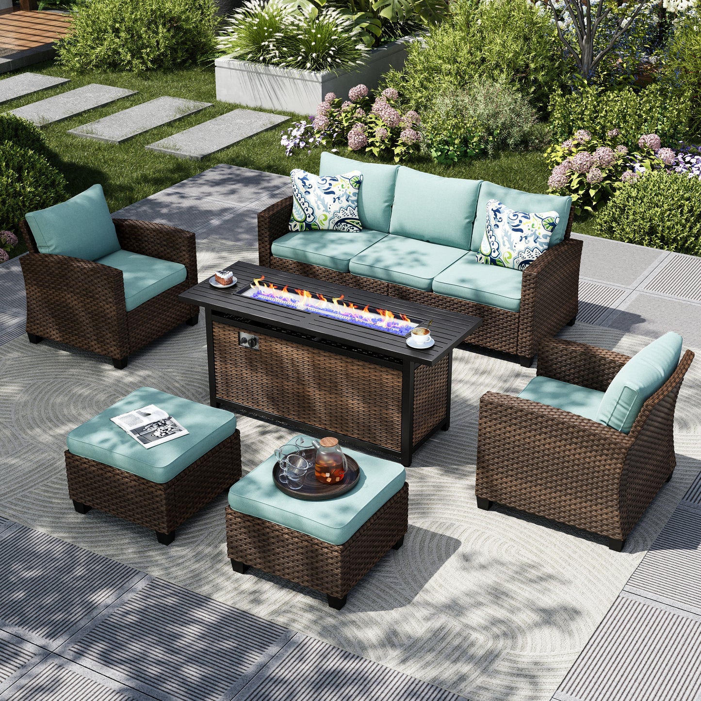 Captiva Designs 6pc Outdoor Patio Wicker Rattan Cushioned Fire Pit Set with Ottomans and Armchairs