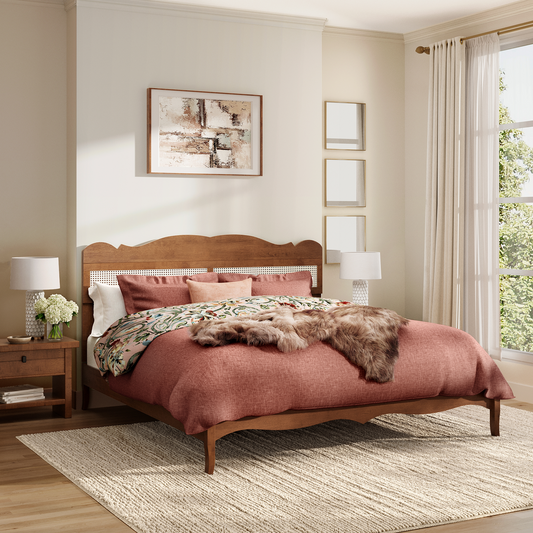 Captiva Designs Wood Platform Bed Frame with Height Adjustable Woven Rattan Headboard and Reinforced Slats Support, No Box Spring Needed