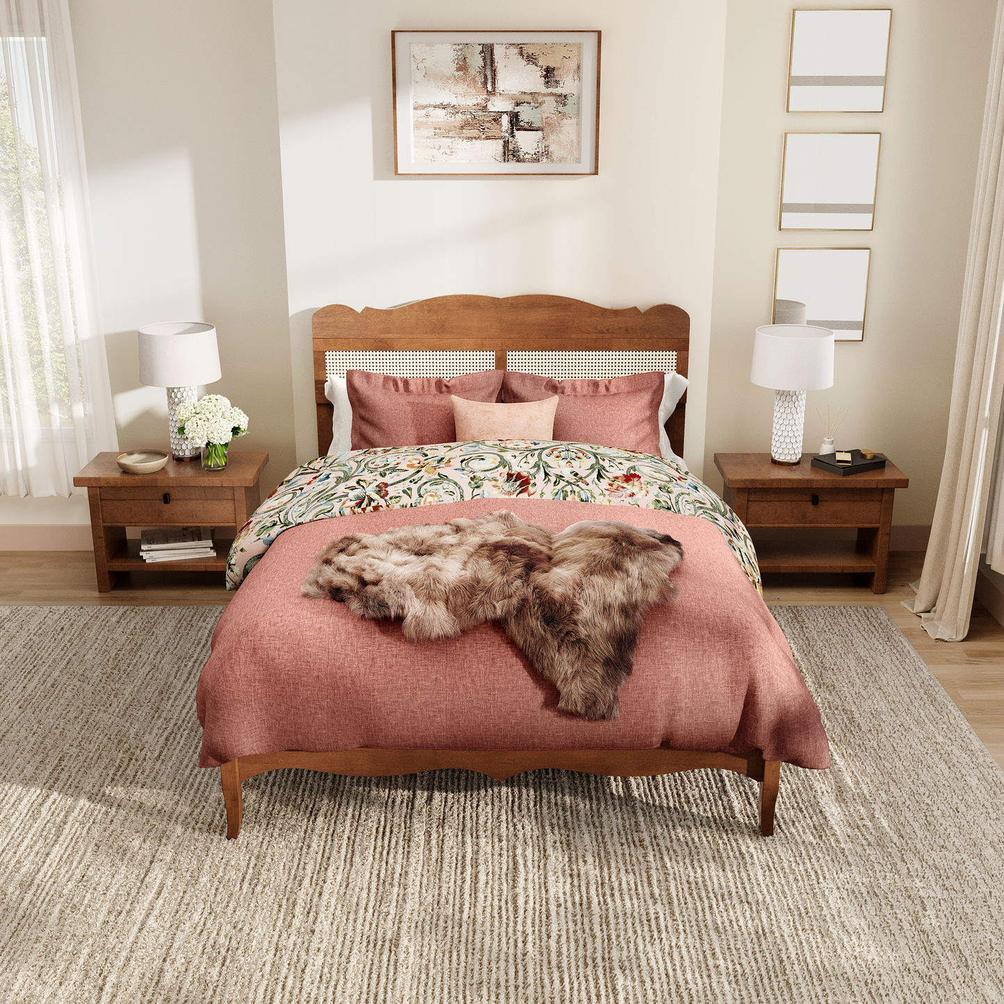 Captiva Designs Wood Platform Bed Frame with Height Adjustable Woven Rattan Headboard and Reinforced Slats Support, No Box Spring Needed