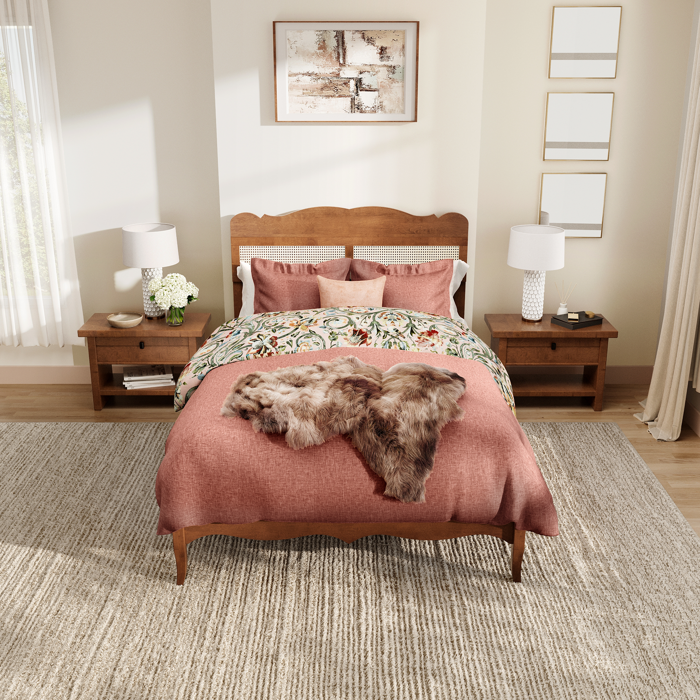 Captiva Designs Wood Platform Bed Frame with Height Adjustable Woven Rattan Headboard and Reinforced Slats Support, No Box Spring Needed