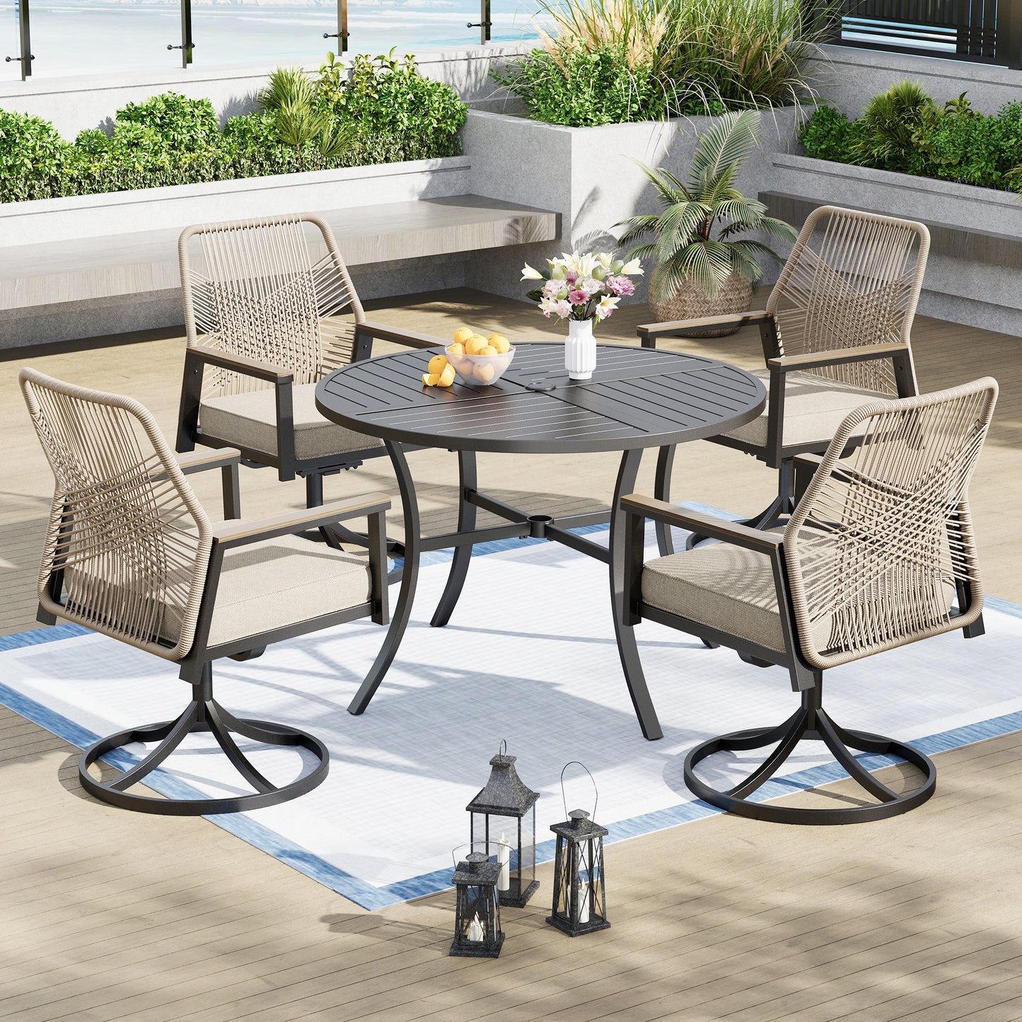 Captiva Designs 5pc Patio Slat-top Round Steel Dining Table &  Beige Rattan Chairs with Thick Cushions