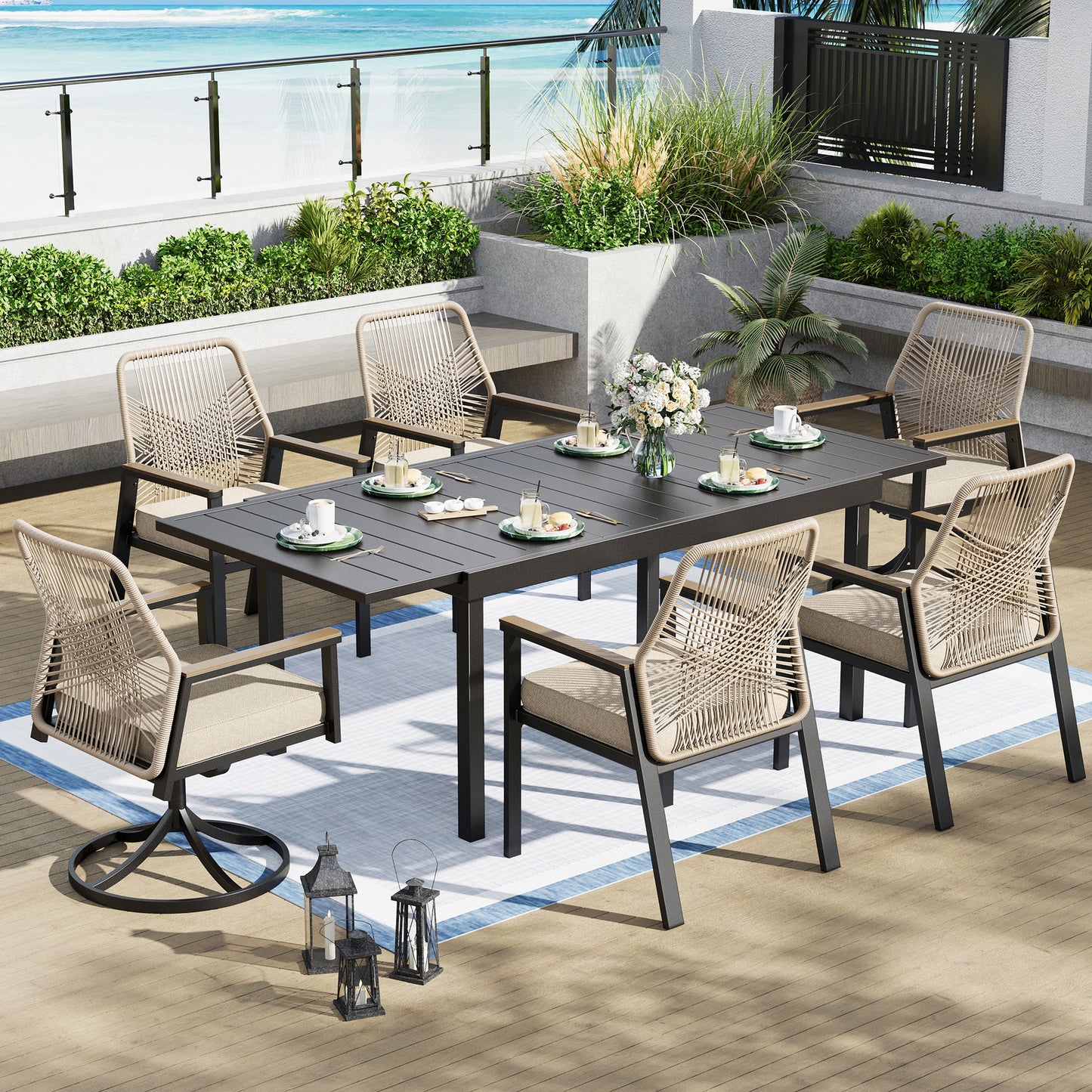 Captiva Designs 7pc Patio Dining Slat-top Steel Table & Beige Rattan Chairs with Cushion