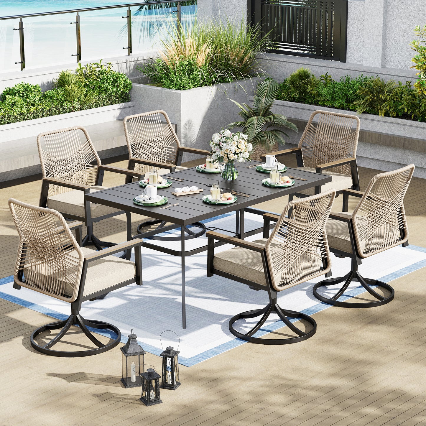 Captiva Designs 7pc Patio Dining Slat-top Steel Table & Beige Rattan Chairs with Cushion