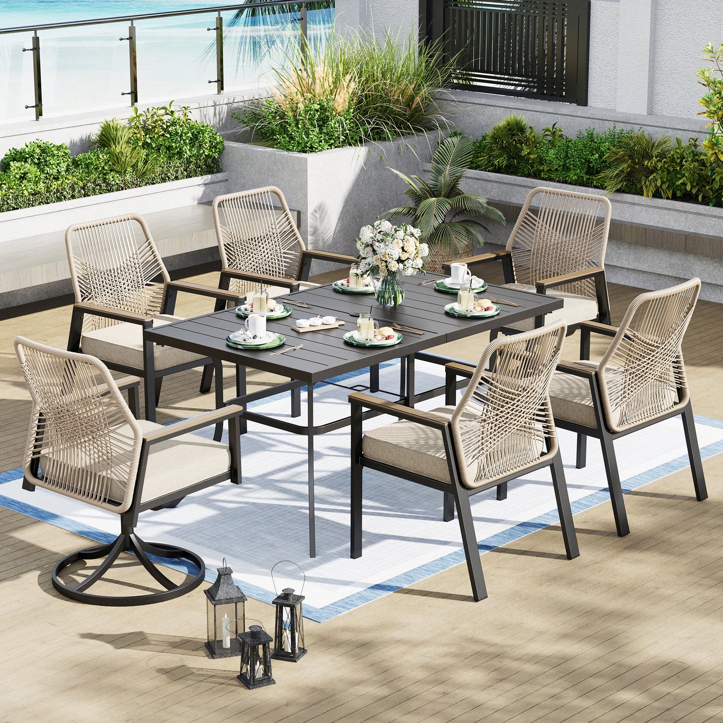 Captiva Designs 7pc Patio Dining Slat-top Steel Table & Beige Rattan Chairs with Cushion