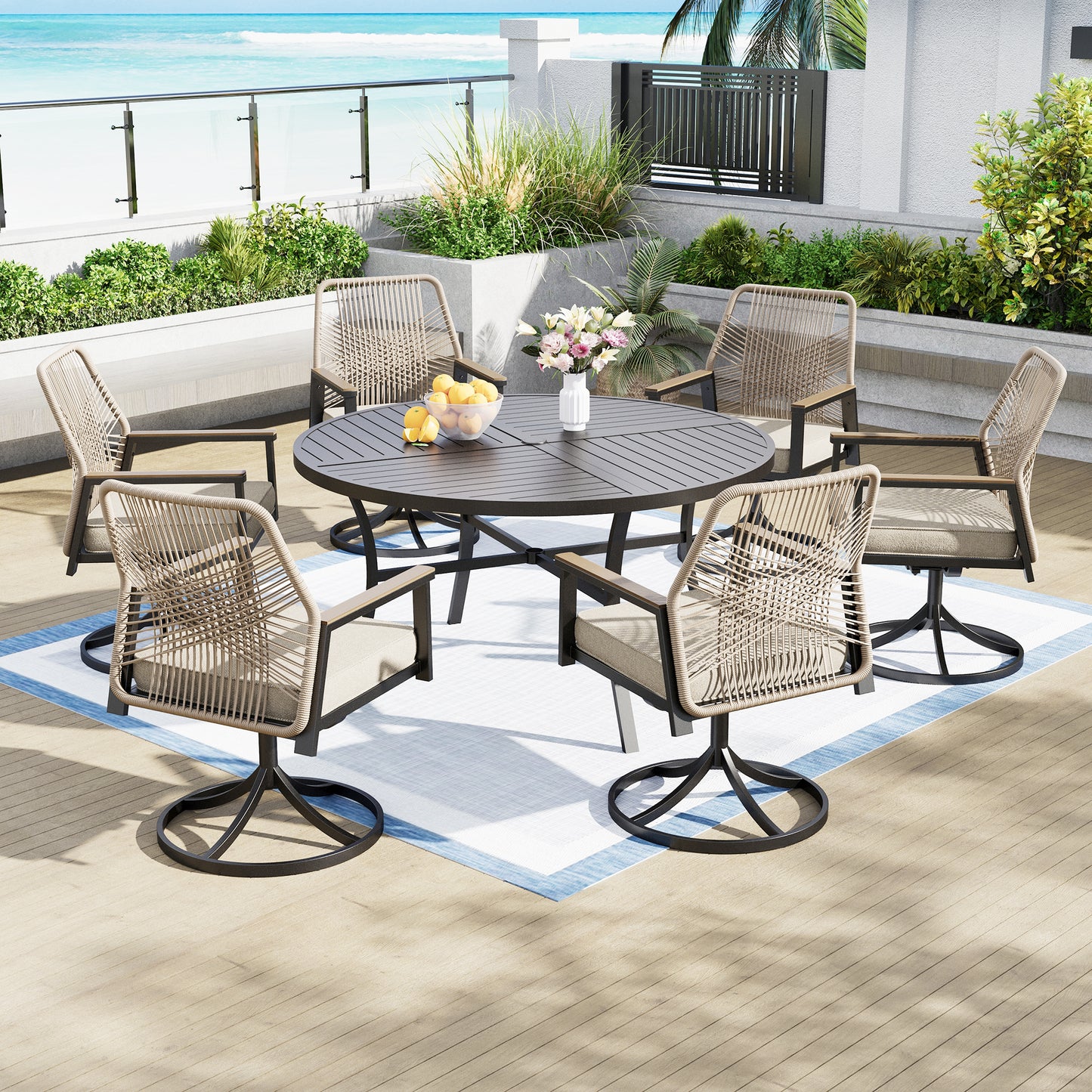 Captiva Designs 7pc Patio Dining Slat-top Steel Table & Beige Rattan Chairs with Cushion