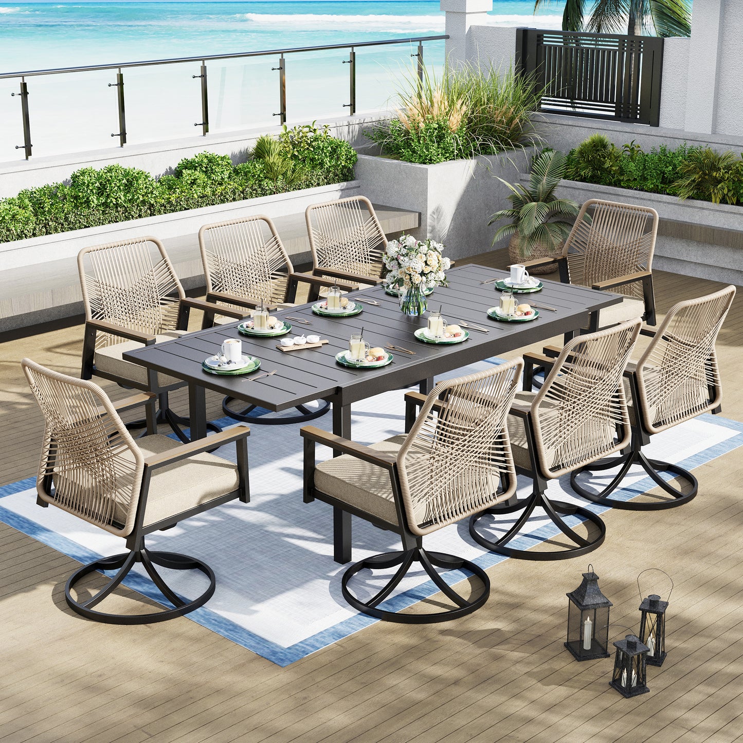 Captiva Designs 9pc Outdoor Dining Spacious Black Rectangle Metal Table & Beige Rattan Chairs