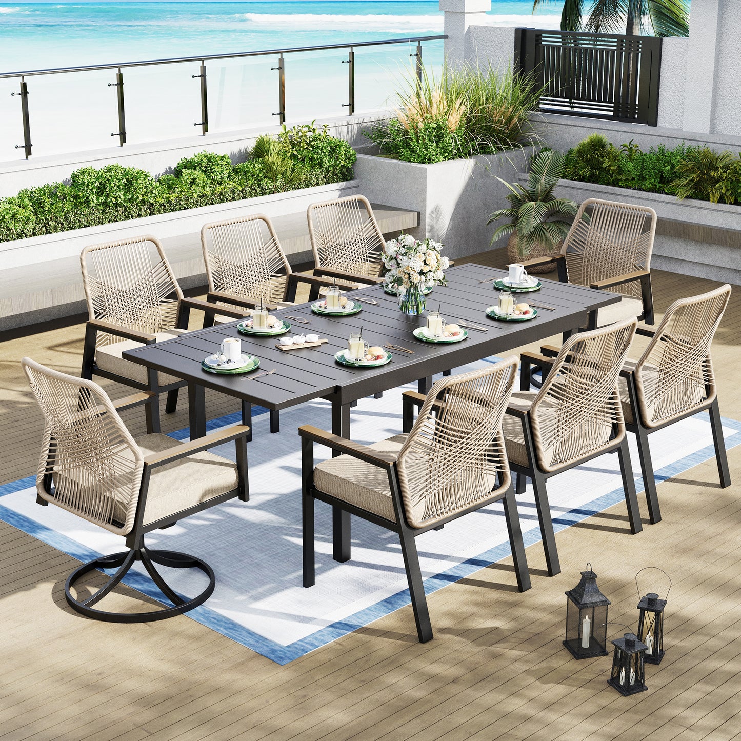Captiva Designs 9pc Outdoor Dining Spacious Black Rectangle Metal Table & Beige Rattan Chairs