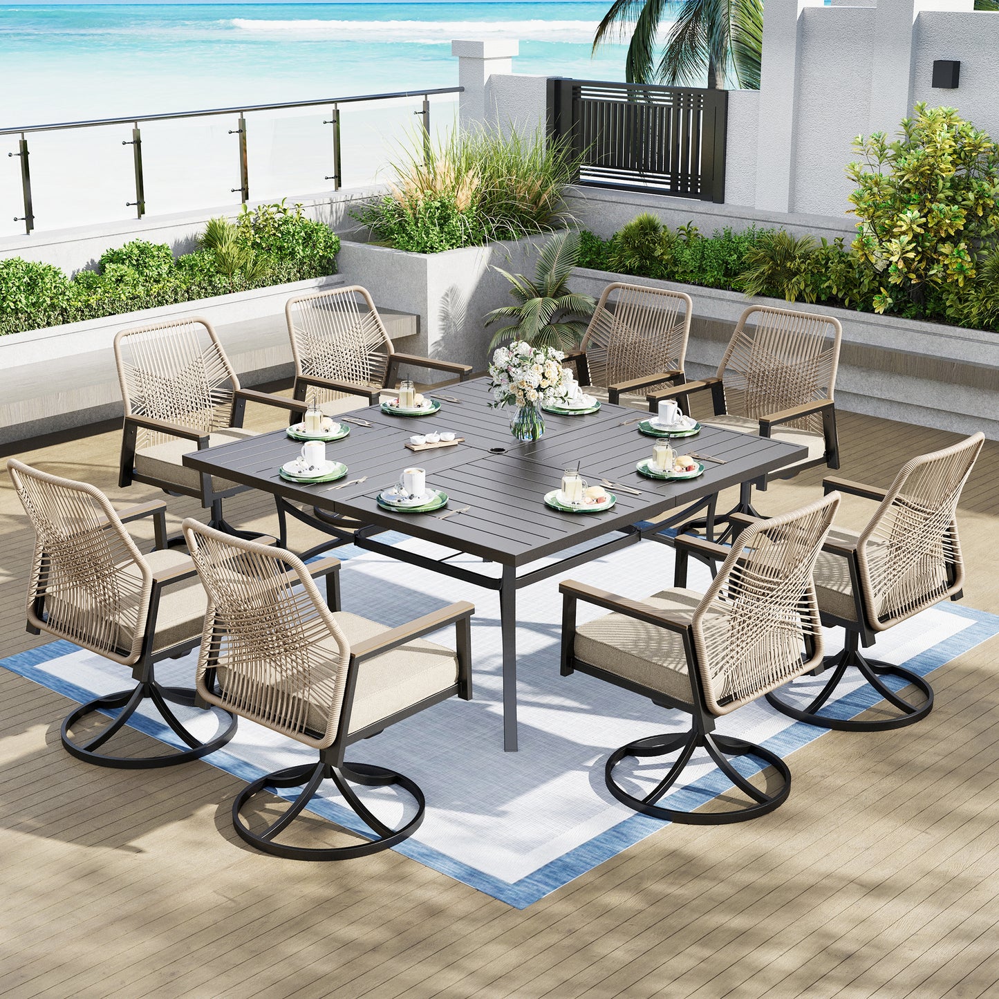 Captiva Designs 9pc Patio Dining Set with Spacious Slat-top Square Metal Table & Beige Rattan Chairs