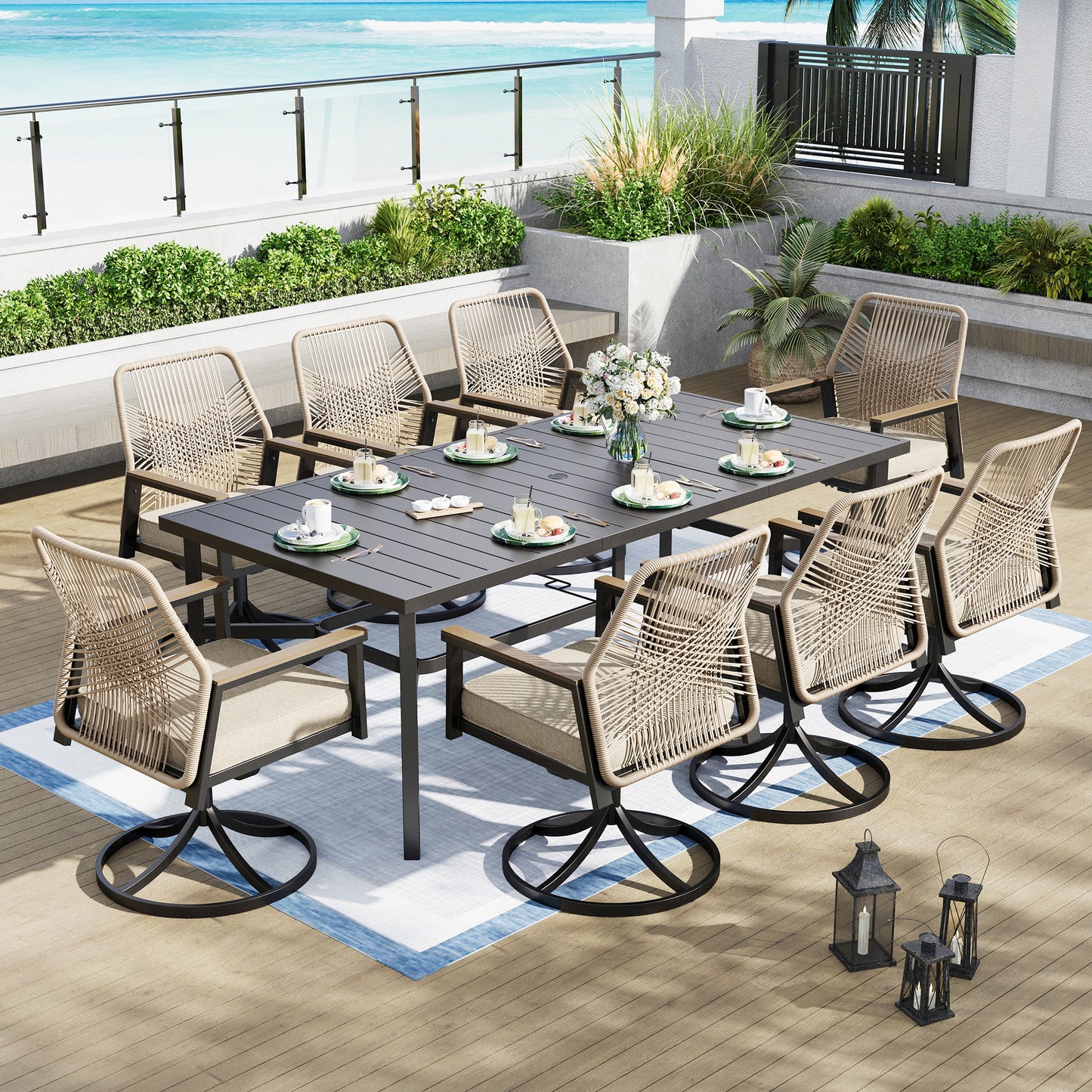 Captiva Designs 9pc Outdoor Dining Spacious Black Rectangle Metal Table & Beige Rattan Chairs