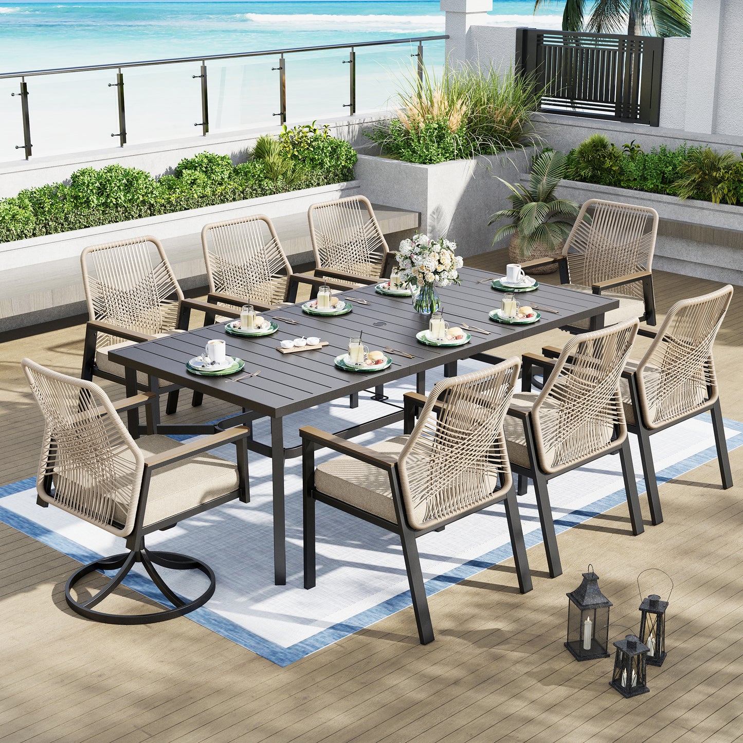 Captiva Designs 9pc Outdoor Dining Spacious Black Rectangle Metal Table & Beige Rattan Chairs