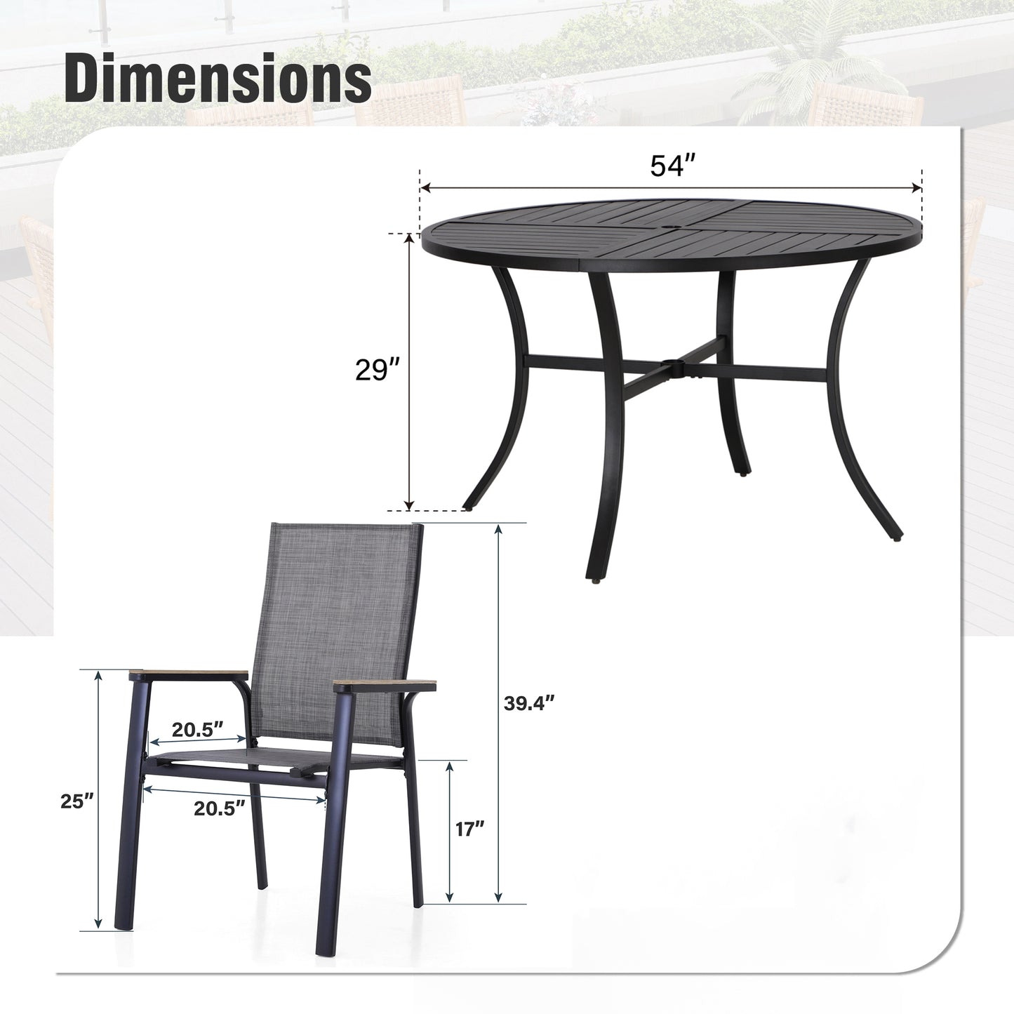 Captiva Designs 7 件套露台餐桌椅套装，配有几何图案长方形桌子和带木质扶手的吊带椅