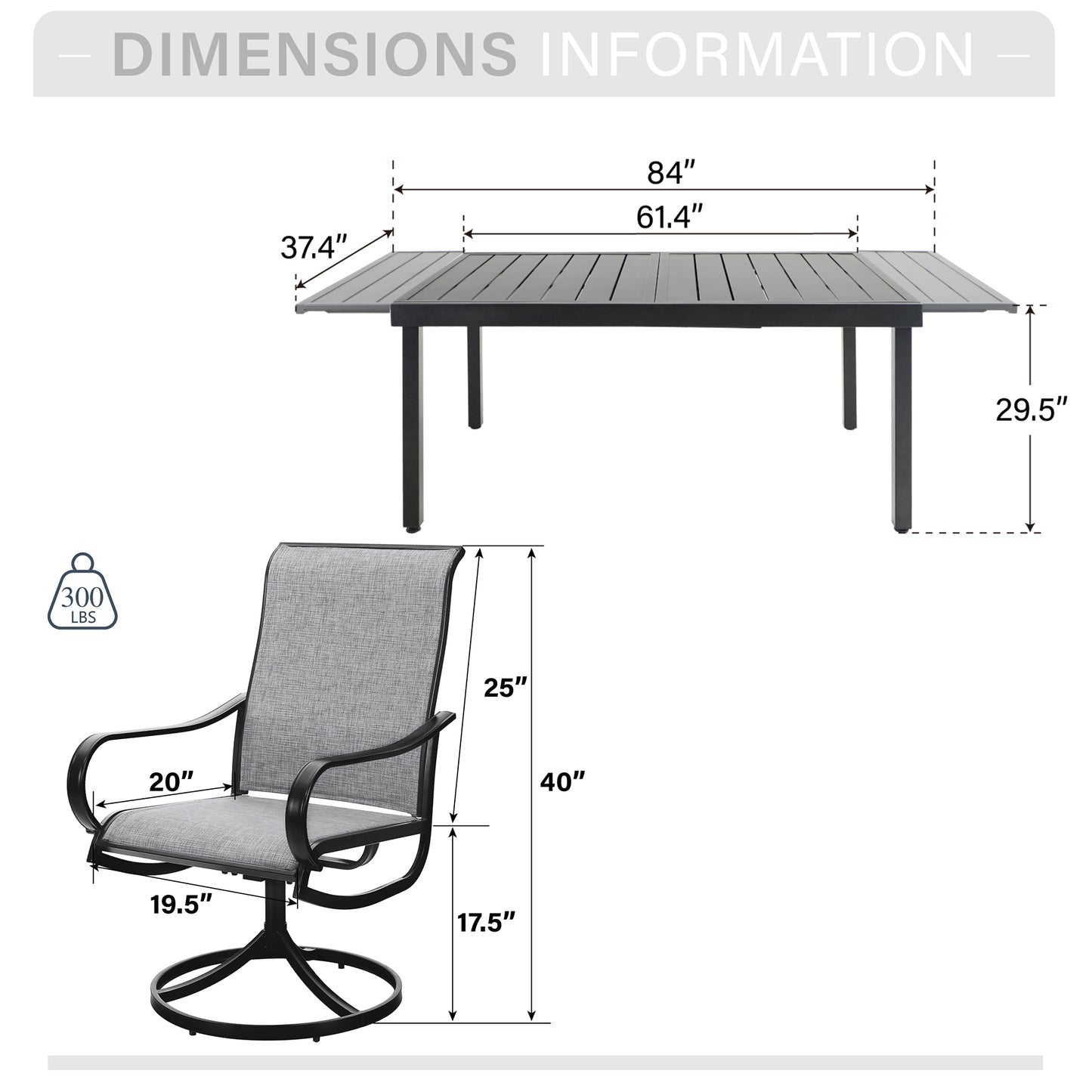 Captiva Designs 9pc Patio Dining Set with Slat-top Adjustable Steel Rectangle Table & Textilene Swivel Chairs