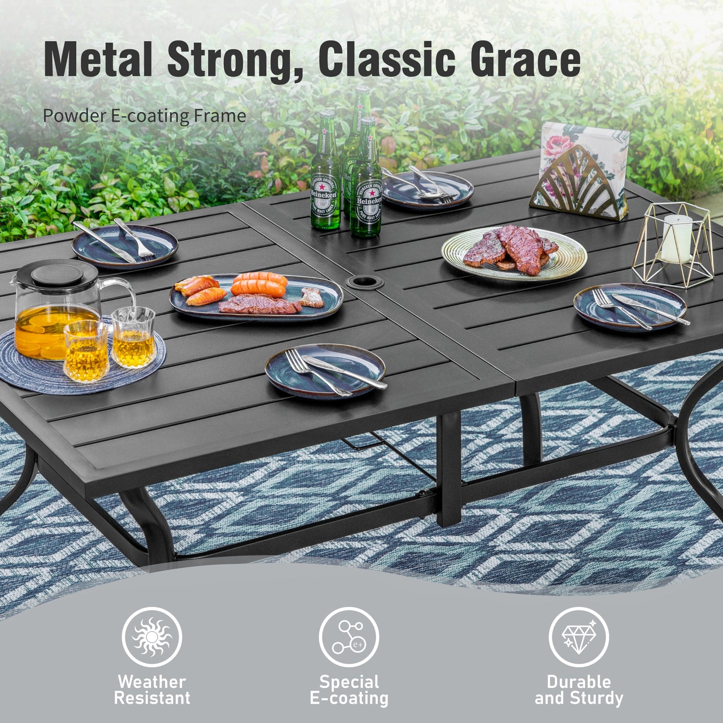 Captiva Designs 7pc Patio Dining Steel Table & Metal Chairs with Seat Cushions & Waist Pillows