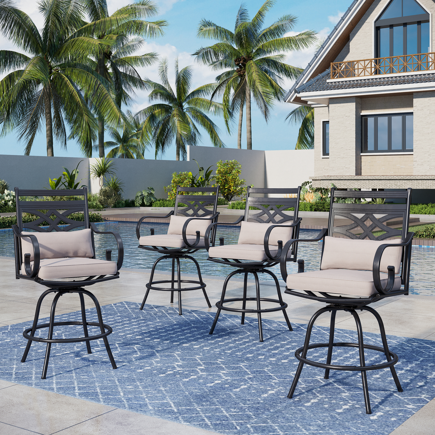 Captiva Designs Outdoor Metal Frame Swivel Armrest Bar Stools with Seat Cushions