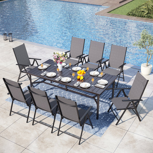 Captiva Designs 9pc Spacious Slat-top Rectangle Metal Table with Umbrella Hole & Textilene Reclining Foldable Chairs