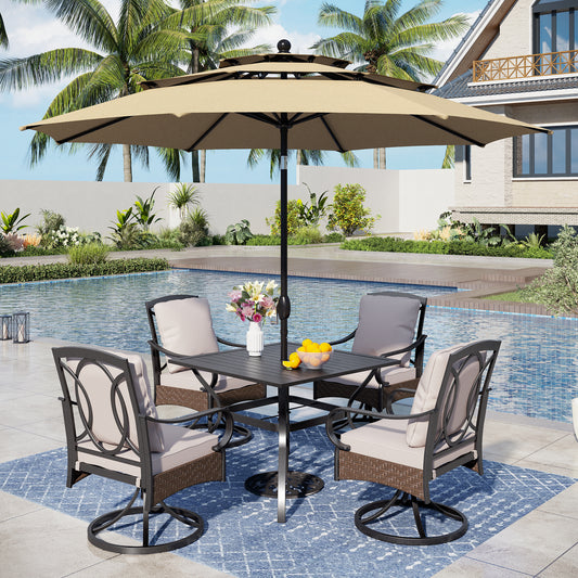 Captiva Designs 6pc Patio Slat-top Steel Table & Swivel Chairs with Thick Cushions & Beige 10ft Umbrella