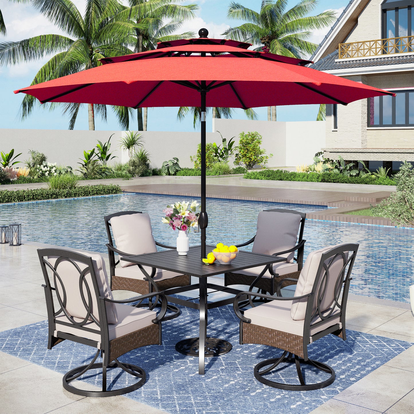 Captiva Designs 6pc Patio Slat-top Steel Table & Swivel Chairs with Thick Cushions & Beige 10ft Umbrella