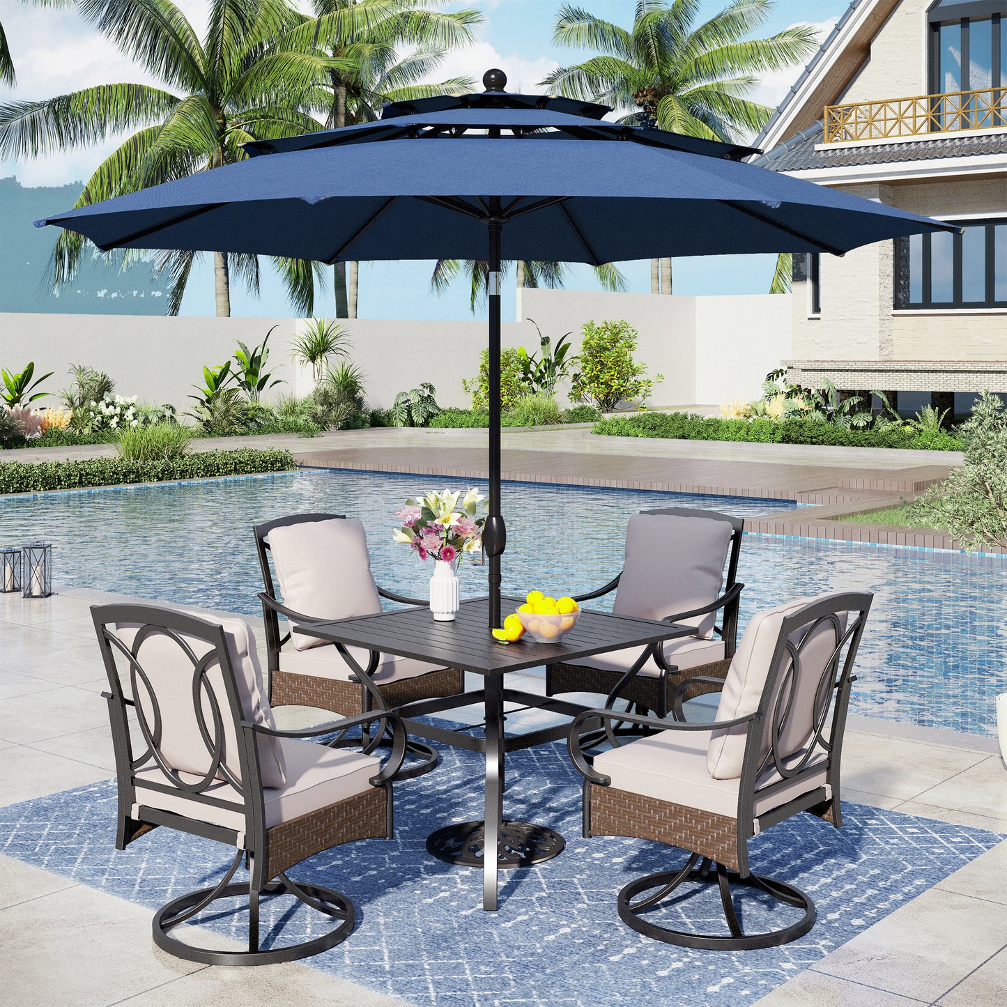 Captiva Designs 6pc Patio Slat-top Steel Table & Swivel Chairs with Thick Cushions & Beige 10ft Umbrella