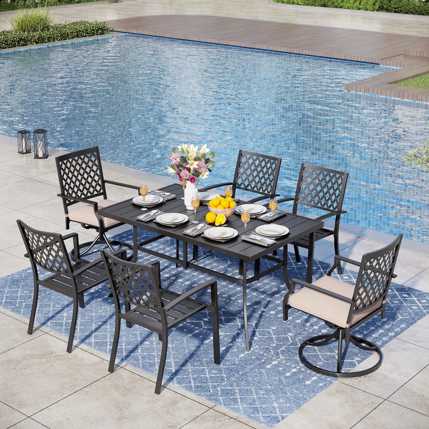 Captiva Designs 7pc Patio Dining Set with Slat-top Rectangle Steel Table & Metal Chairs