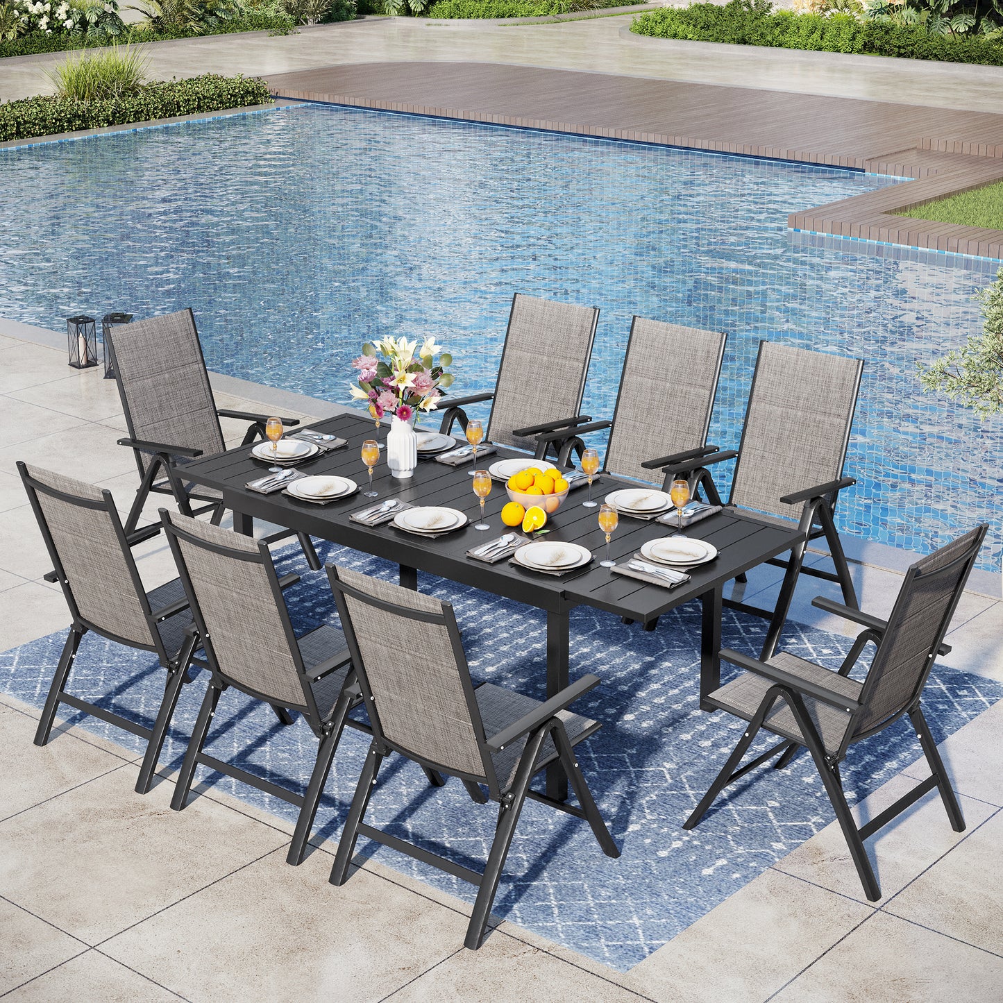 Captiva Designs 9pc Patio Dining Black Expandable Steel Rectangle Table & Foldable Padded Sling Chairs