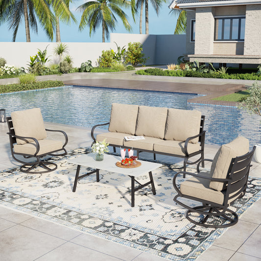 Captiva Designs 4 PCS Metal Patio Furniture Conversation Set with Swivel Armchairs for Garden Porch Backyard
