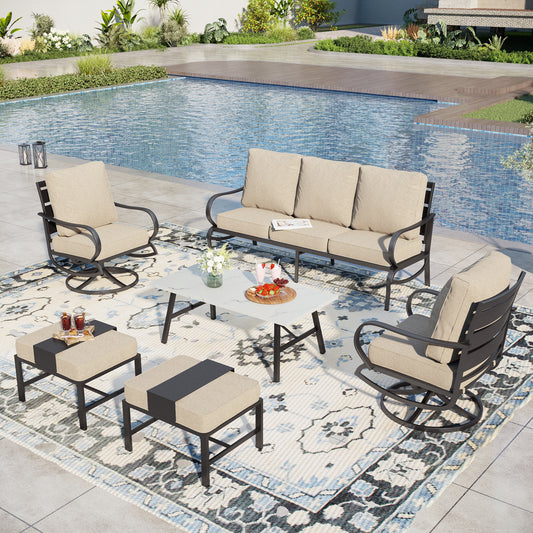 Captiva Designs 6pc Metal Patio Furniture Conversation Set with Swivel Chairs and Ottomans for Garden Porch Backyard