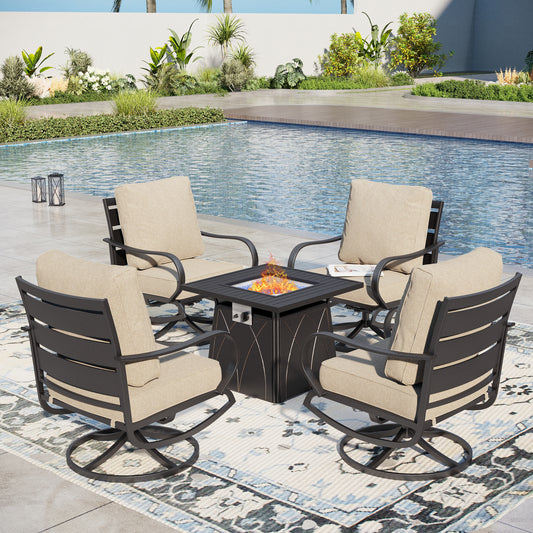 Captiva Designs 5pc Metal Patio seating Furniture Fire Pit Set with Swivel Chairs for Garden Porch Backyard